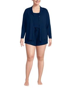 Комплект из трех предметов для женщин больших размеров: пижама с длинными рукавами, топ и шорты Lands' End, Deep sea navy