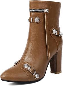 Женские зимние ботильоны вестерн с боковой молнией для прогулок, ковбойские ботинки QSPGONA, Brown
