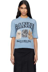 Ganni Синяя футболка с изображением щенков альпаки из тонкой ворсистой ткани