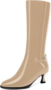Женские ботильоны NUMALEO с пряжкой, молнией, ремешком на щиколотке, лакированные, модные, с округлым носком, на низком каблуке 2 дюйма, для вечеринок, высокие до колена, Beige