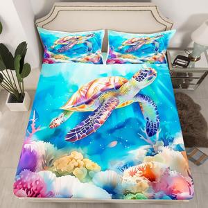 Erosebridal Фиттед простыня с морскими черепахами в синих океанских тонах, тропический морской дизайн, Cyan Teal Blue