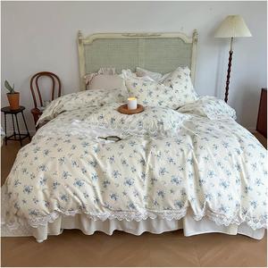 Generic Комплект постельного белья V-intage из хлопка с французским цветочным принтом и рюшами Flat Sheet Style