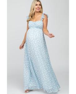Платье-макси для беременных, светло-голубое, из шифона с цветочным принтом, вырезом сердечко, открытыми плечами Pinkblush, Light blue