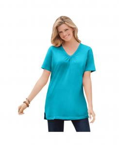 Туника с короткими рукавами и V-образным вырезом от Plus Size Within Perfect Woman Within, Pretty turquoise