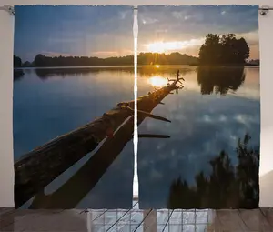 Штора ABAKUHAUS "Рустикальный вид", "Озеро в Польше, солнечный день", присборенная тесьма для спальни с петлями и крючками, 280 x 245 см, сине-серо-желтый Abakuhaus