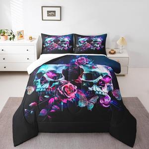 Erosebridal Готический комплект постельного белья с черепами, цветочными розами и бабочками, скелетами и винтажными психоделическими узорами, Pink Black
