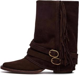 Ковбойские сапоги с бахромой для женщин, сапожки-ковбойки, заостренный носок, закрытые каблуки-блоки, ботильоны с пряжкой на щиколотке, короткие западные байкерские сапоги HoanTiai, Brown