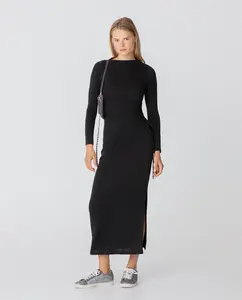 Длинное платье с длинными рукавами, сборкой и боковым разрезом Noon, черный