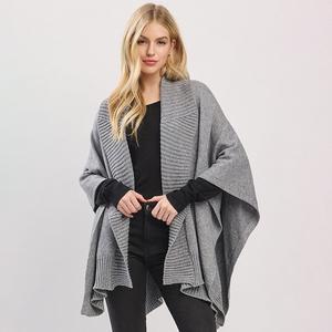 Ребристая отделка Открытый перед Мягкий вязаный шаль Накидка Пончо TRUEDAMES, серый