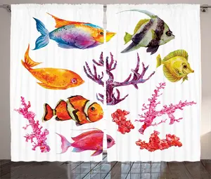 Штора ABAKUHAUS Рыбы в деревенском стиле, тропический цвет, водоросли, коралловый, присборенная штора для спальни с петлями и крючками, 280 x 225 см, цвет: оранжевый, фиолетовый Abakuhaus