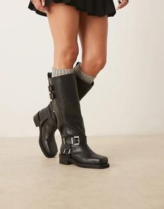 Черные кожаные байкерские сапоги ASOS DESIGN Crest до колена