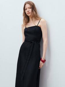 Платье Nickie из чистого льна с поясом на талии Mango, Black