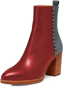 Женские ботильоны FOWT Chic с заостренным носком, пэчворк, на высоком массивном каблуке, с боковой молнией и заклепками, для вечеринок и событий, короткие, размеры US 4-16, Red Multi