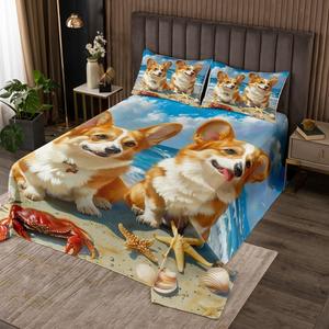 Erosebridal Комплект постельного белья Corgi Pug с принтом океанского пляжа в стиле крабов и морских звезд, мягкий материал, Color 09