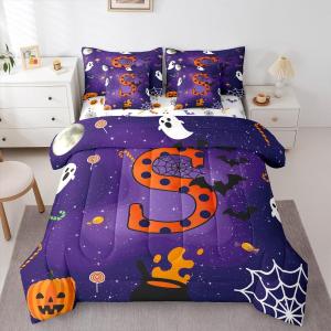 Erosebridal Комплект постельного белья Bats Halloween с монограммой и готическим декором, Black White Orange Purple S
