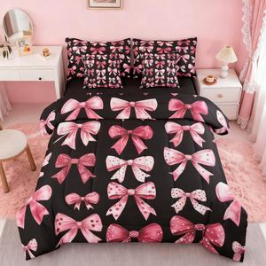 Erosebridal Комплект постельного белья Kawaii Bowknot с милыми бантами черно-розового цвета, Hot Pink, Black