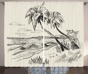 Штора ABAKUHAUS Пальмовая рустика, эскиз Тропический пляж, присборенная штора из тесьмы для спальни с петлями и крючками, 280 x 245 см, цвет: черный, кремовый Abakuhaus