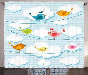 Штора в деревенском стиле Птица на проволоке от ABAKUHAUS, детское птичье облако, присборенная тесьма для спальни с петлями и крючками, 280 x 225 см, светло-голубая с разноцветным узором Abakuhaus
