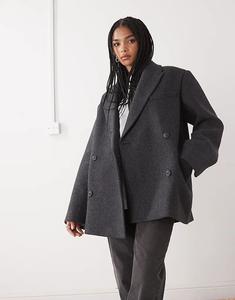 Двубортный пиджак Weekday из шерстяной смеси свободного кроя темно-серого цвета с узором «в ёлочку»