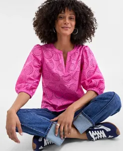 Женская блузка с цельнокроеными рукавами-фонариками и ажурными вставками On 34th, красный