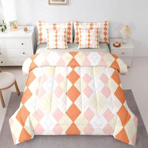 Erosebridal Комплект постельного белья Pastel Orange King в современном геометрическом стиле с золотыми полосами и ромбовидным узором, 7 предметов, Orange