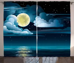 Ночная штора ABAKUHAUS в деревенском стиле, облака, полная луна, звезды, штора для спальни из тесьмы со сборками, петлями и крючками, 280 x 245 см, цвет: черный, нежно-голубой, яичная скорлупа Abakuhaus
