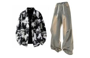 Повседневная спортивная одежда Unisex с лацканом Moderate X1617, tie-dye черный top+желтый mud pants