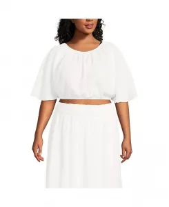 Укороченный топ из хлопковой марли с рукавами «летучая мышь» больших размеров Lands' End, белый