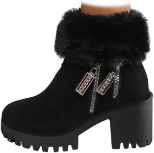 Женские ботильоны с мехом на толстом каблуке, модные с острым носком и боковой молнией, теплые ботильоны на высоком каблуке, женская обувь для улицы Generic, Black