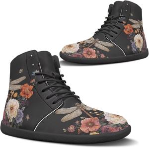 Женские ботинки без каблука зимой с широкой носочной частью, утепленные, для прогулок, уличные, противоскользящие, на щиколотку Pugasmiru, Dragonfly Vintage Flowers Pattern