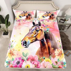 Erosebridal Фиттед простыня Horse Boho Floral с водяными цветами и фермерскими животными в богемном стиле, Multi 07