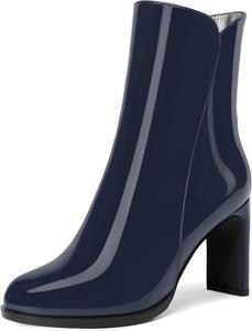 Женские ботильоны MERRORI с молнией, повседневные с круглым носком, лакированные, на высоком толстом каблуке 3,3 дюйма, Navy Blue