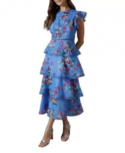 Многоярусное миди-платье из органзы с кружевной отделкой Coast, синий