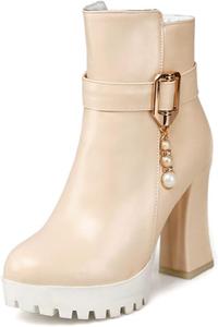 Женские модные ботильоны на высоком каблуке VOKLIN с округлым носком, боковой молнией для вечеринок, короткие, Beige-Velvet Lined