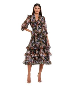 Женское шифоновое платье миди А-силуэта с рукавами 3/4 и оборками Mac Duggal, Black multi