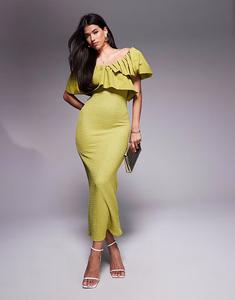 Фактурное платье миди ASOS DESIGN с контрастной тканевой оборкой цвета лайма