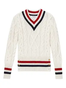 Пуловер с V-образным вырезом, связанный косами THOM BROWNE, нейтральный