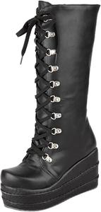 Женские ботильоны на платформе и каблуке ZBYY, с круглым носком и высокой шнуровкой до колена, зимние ботинки для походов и активного отдыха для женщин, Black