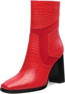 Женские короткие ботинки, каменный узор, квадратный носок, боковая молния, ботильоны на высоком каблуке, массивный каблук, удобные ботинки 9 см Heisnemca, Red Patent
