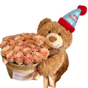 Плюшевая кукла с букетом из стабилизированных цветов медвежьи объятия высота 30см/38см/40см/45см/50см Handsome