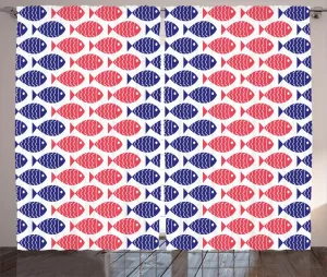 Штора ABAKUHAUS "Рыба в деревенском стиле", дизайн с морской тематикой, универсальные ленточные шторы для гостиной с петлями и крючками, 280 x 245 см, цвет: красный и темно-синий Abakuhaus