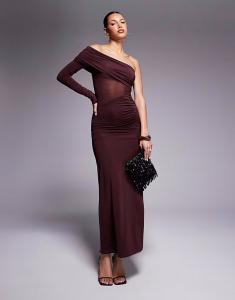 Платье макси на одно плечо с сетчатым вырезом ASOS DESIGN коричневого цвета