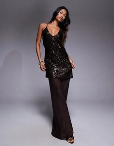 Платье макси ASOS DESIGN с глубоким вырезом, пайетками и прозрачной сетчатой ​​юбкой шоколадного цвета