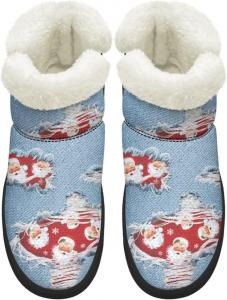 Женские зимние сапоги KEIAHUAN для прогулок, удобные для походов, кроссовки-нубук с противоскользящей подошвой и короткие сапожки с меховым воротником, Denim Santa Claus