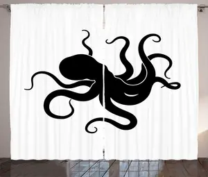 Штора ABAKUHAUS Rustic Squid, силуэт гигантского морского существа, универсальная ленточная штора для гостиной с петлями и крючками, 280 x 225 см, цвет белый/серый Abakuhaus