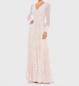 Бусиное кружево Облегающее платье с длинными рукавами и запахом в нежно-розовом цвете Mac Duggal