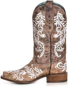 Женские коричнево-белые с вышивкой сапоги CORRAL, квадратный носок - коллекция GLOW, кожаная подошва, западный стиль A4063 Corral Boots