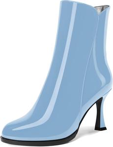 Женские ботильоны AMBELIGHT с закрытым носком, на молнии, из лакированной кожи, с высокими шпильками 3,3 дюйма, подходящие для свадебного платья, Light Blue