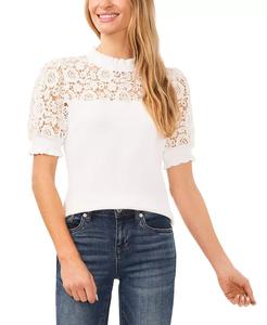 Женский топ CeCe белый хлопковый с кружевными деталями, воротник-стойка, оборки, рукава-фонарики