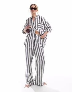 Пляжные брюки из смеси льна, широкие, в серо-белую полоску 4Th & Reckless